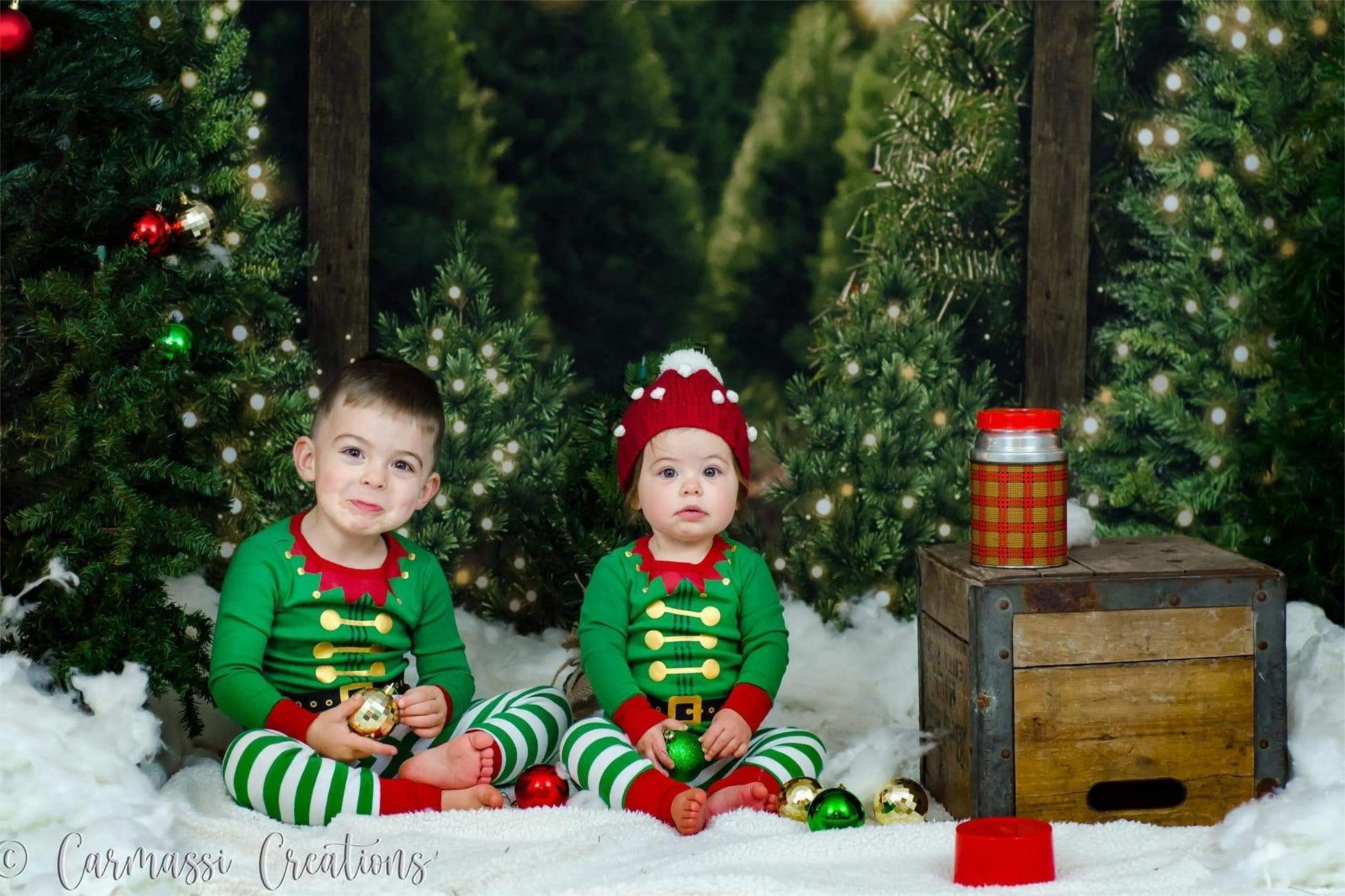 babies' Christmas photo with Kate Christmas Tree Backdrop for Photography