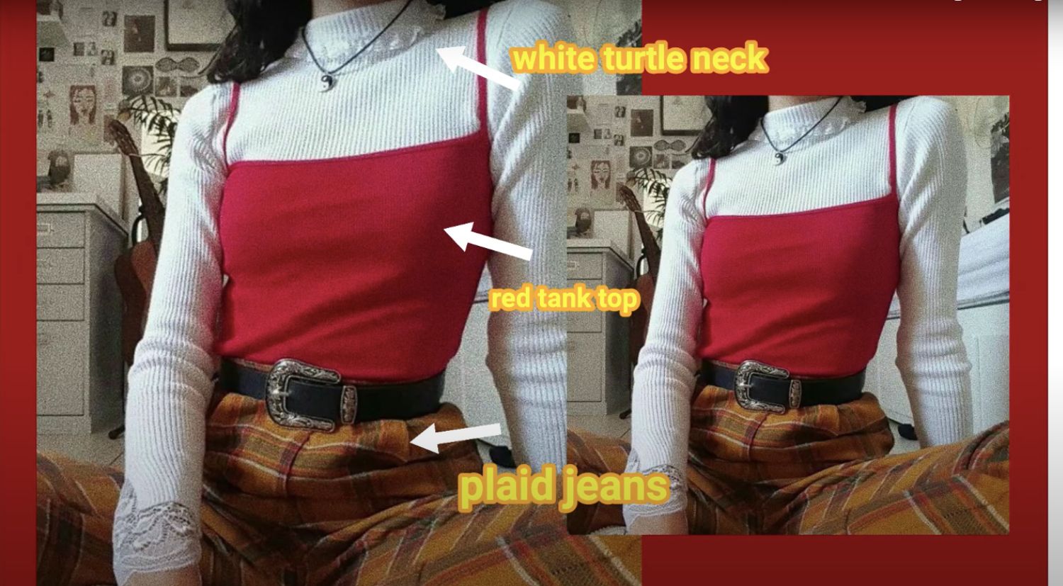 outfit of White Turtleneck, Red Tank Top, Plaid Jeans