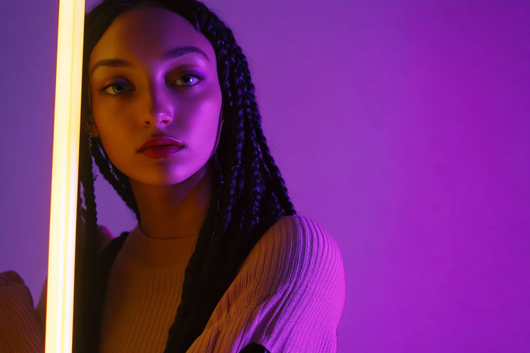 A female model is holding a portable light wand