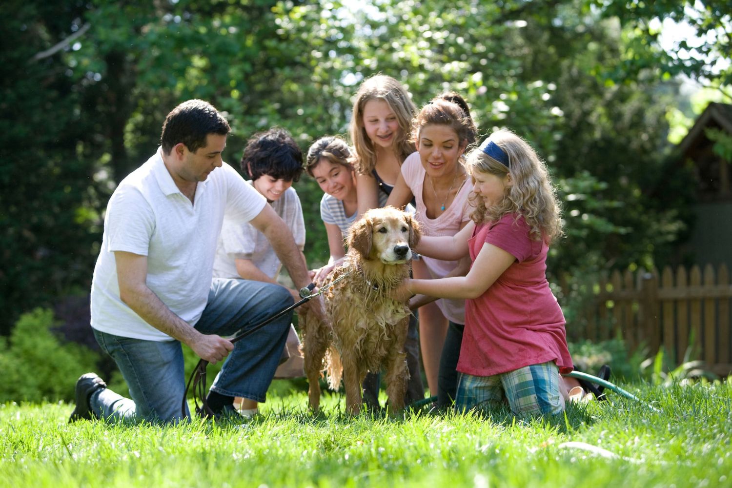 the whole family bathing the dog in the yard