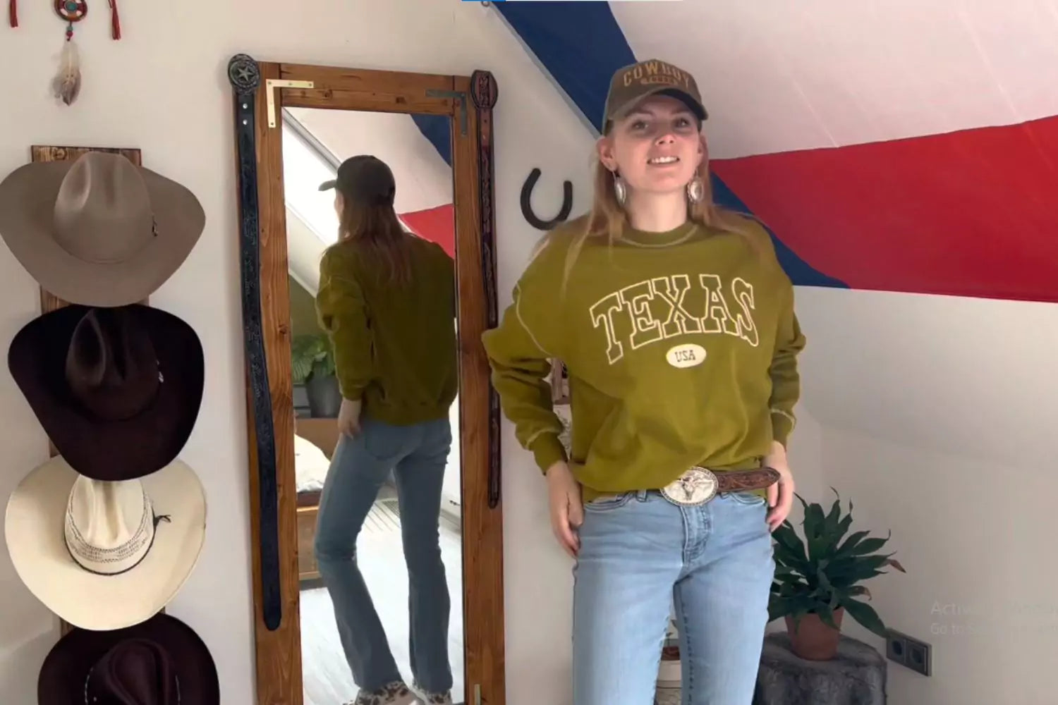 Autumn/Winte Cowgirl Outfit with  Sweatshirt, Jeans, Cow Print Sneakers, and Baseball Hat