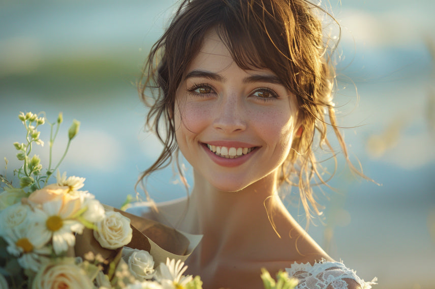 A radiant bride with a bouquet of flowers, smiling on her wedding day.