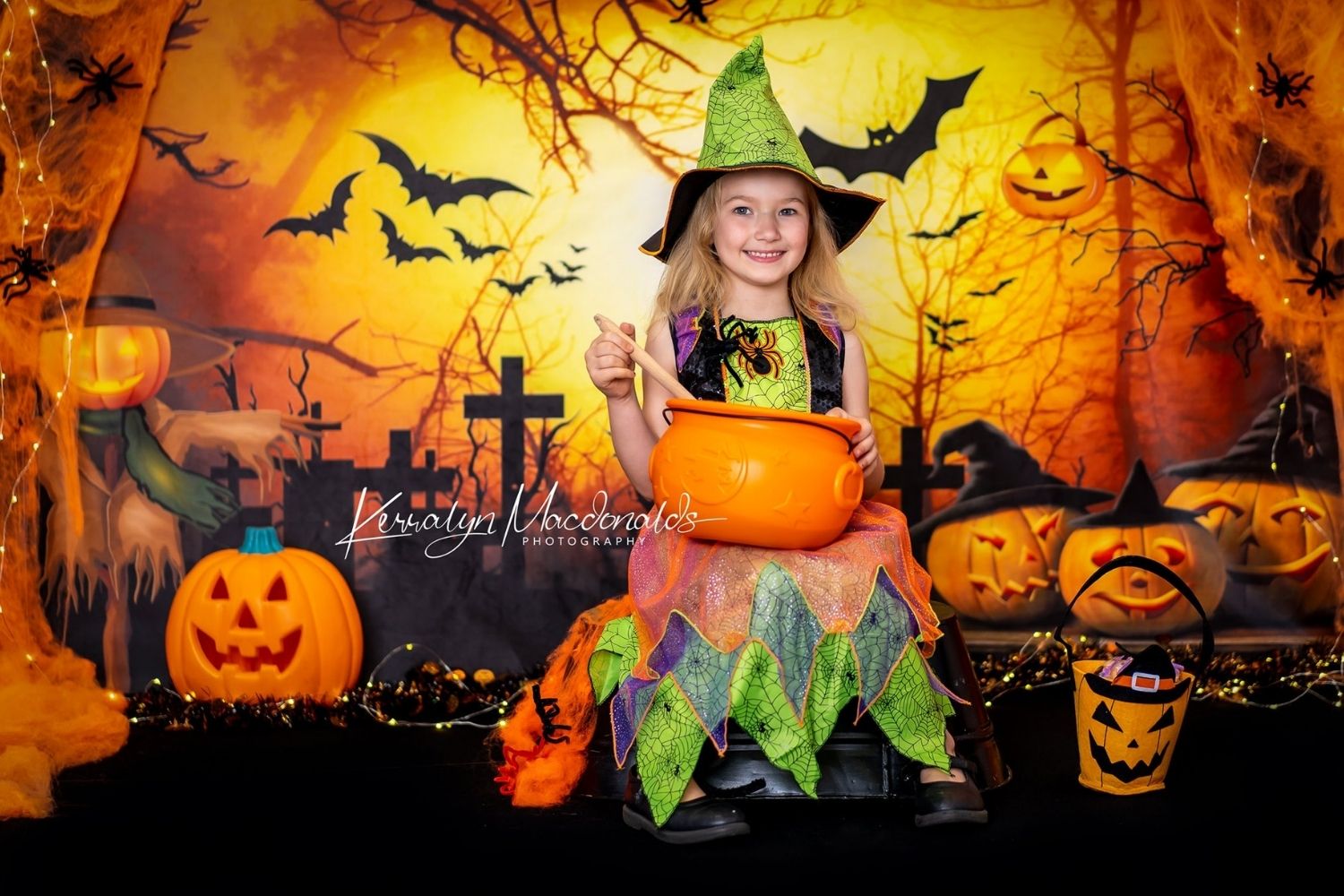  Halloween witch photo with Kate Halloween Cemetery Bats Pumpkin Backdrop Designed by Chain Photography