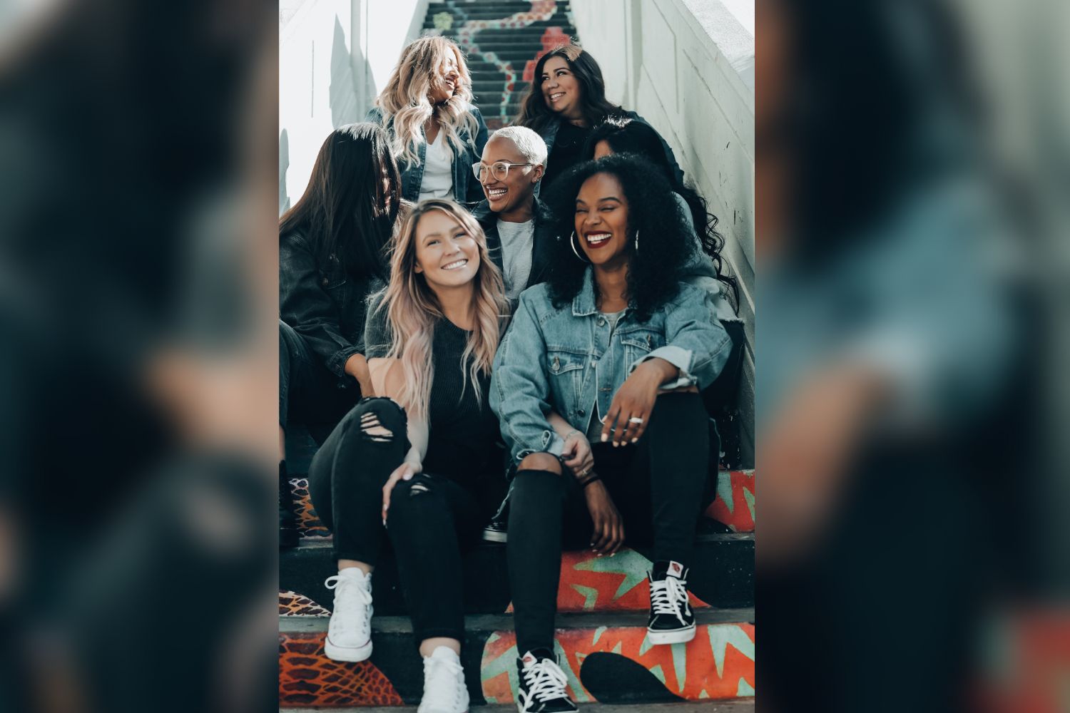 group photo by sitting at the stair 