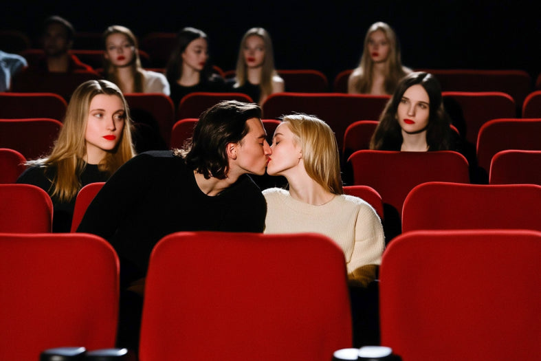 A couple sharing a kiss in a cinema