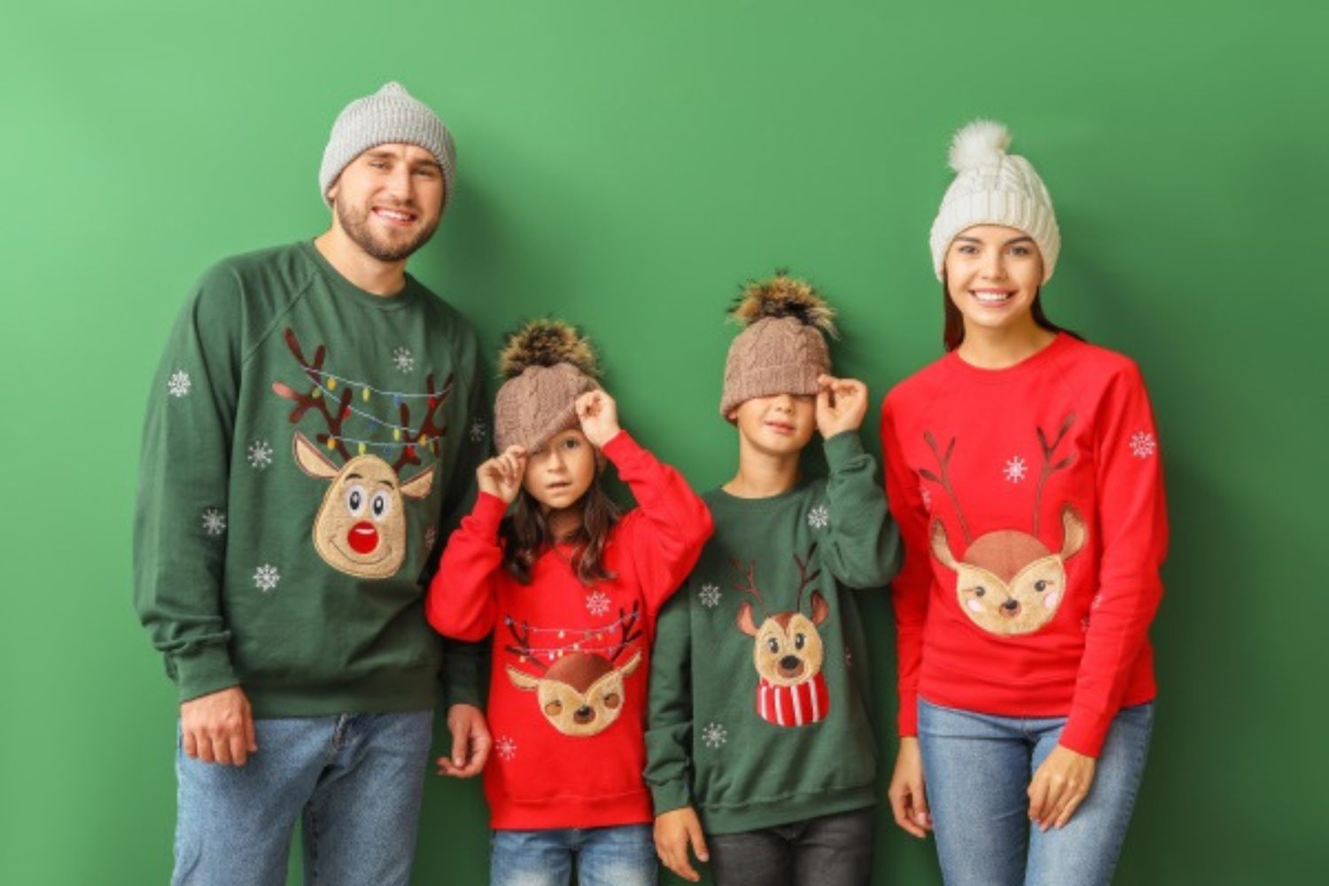 family members wearing same pattern sweaters