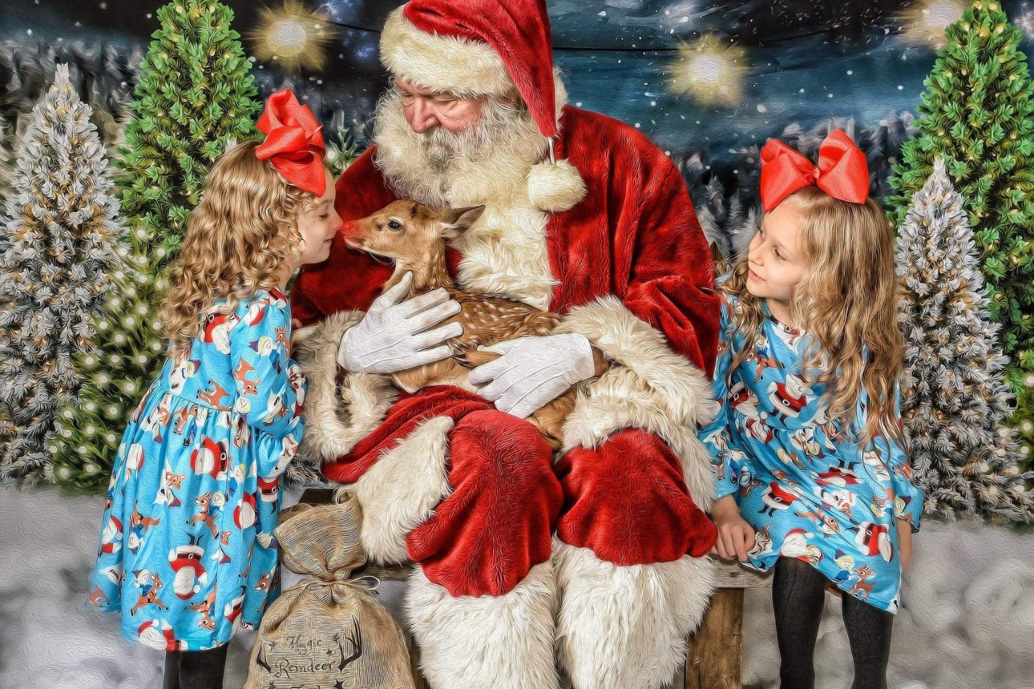 two little girls playing fun with a little deer in Santa's arms 