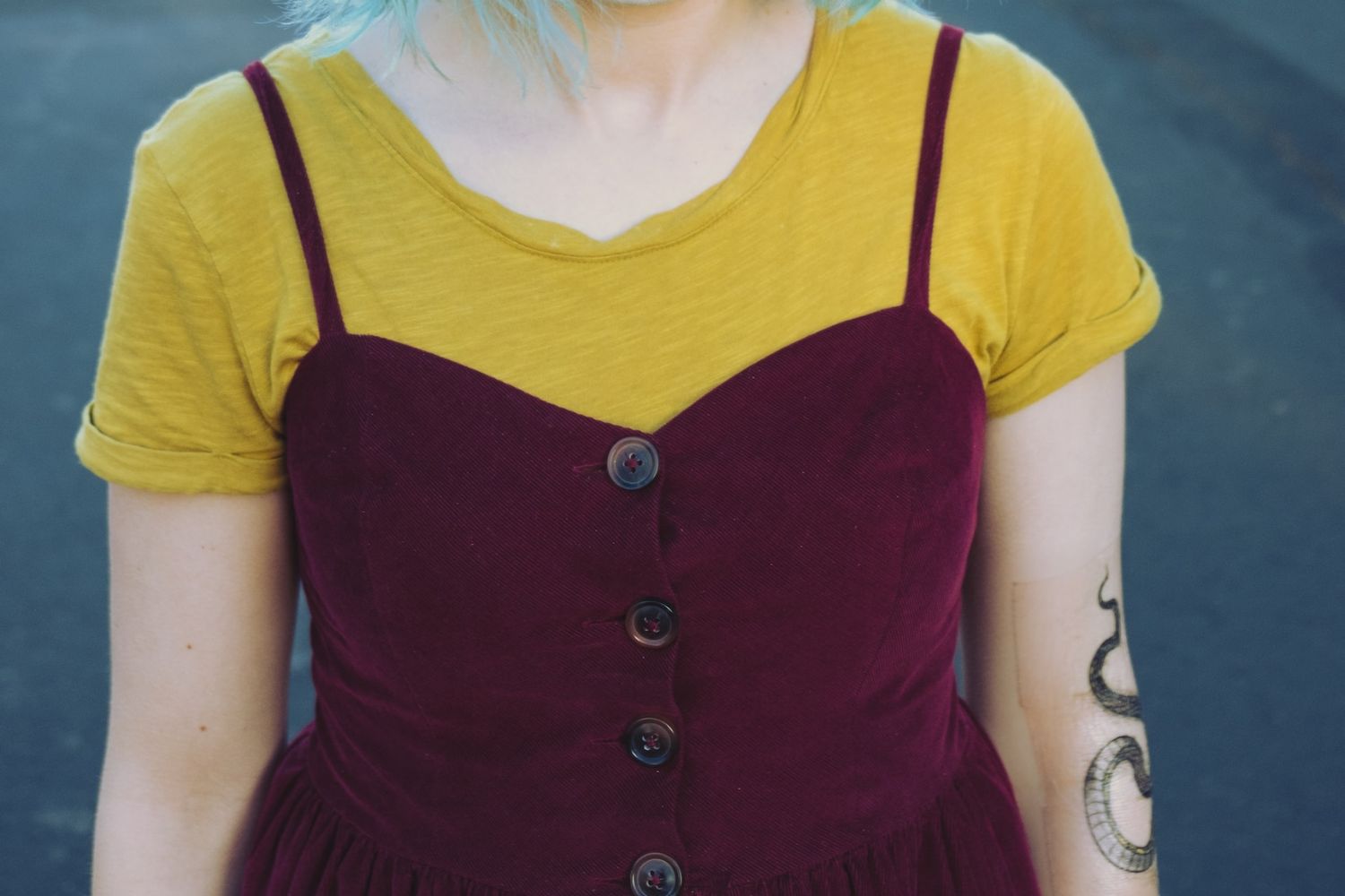 yellow T-shirt with claret stap dress