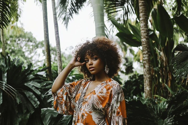 Woman is standing among tropical plants.