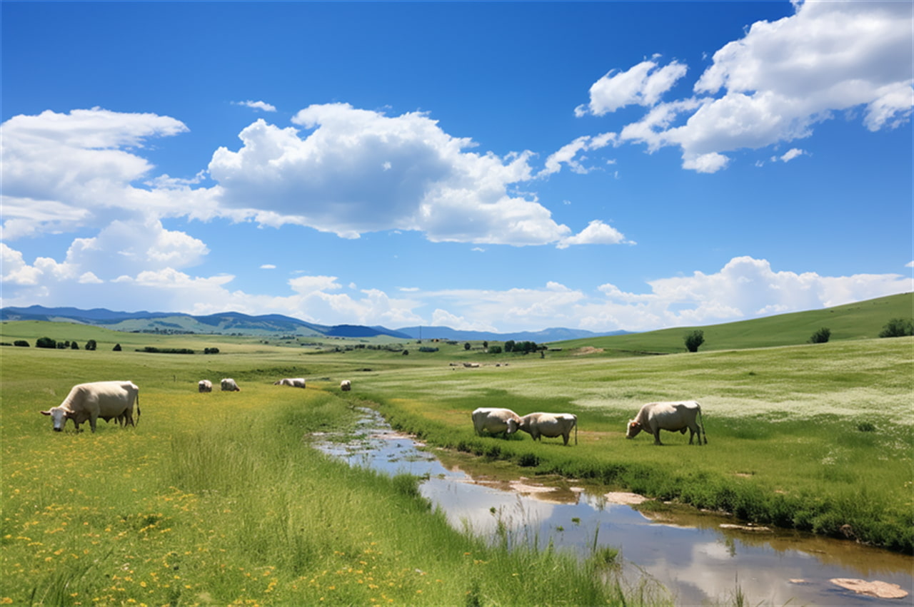 Cows peacefully grazing in a vast green field under a clear blue sky.