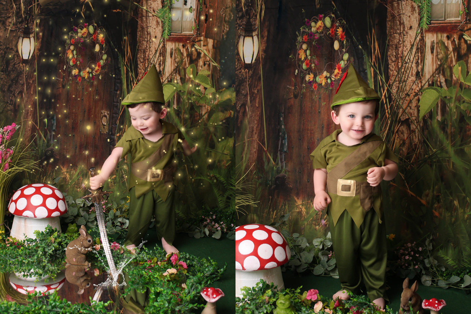 little boy's play in garden with elf costume