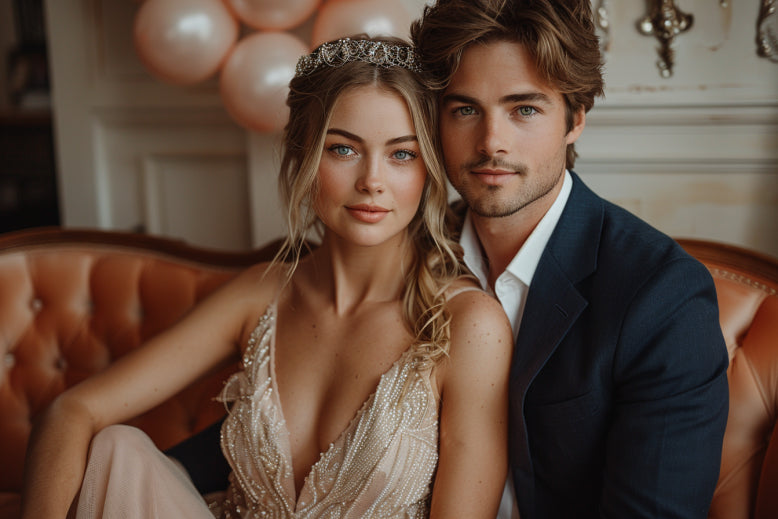 Bride and groom posing elegantly in a luxurious setting