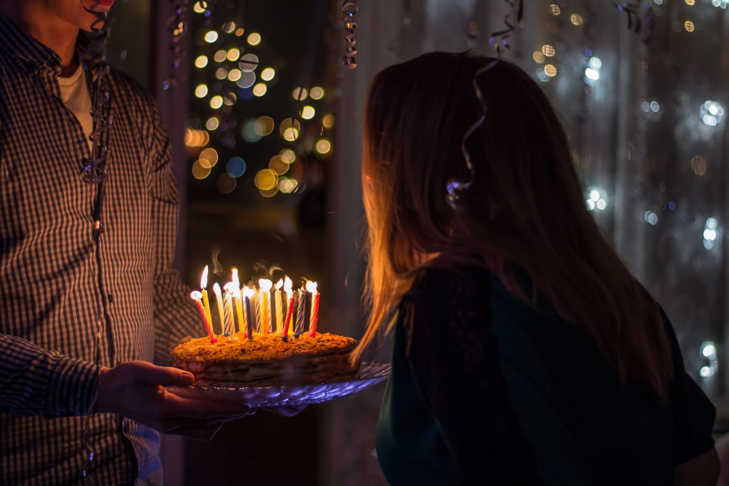 birthday photo with cake and lights decorations