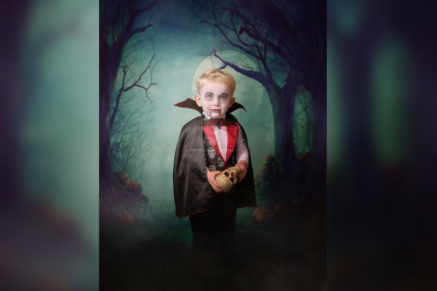 Halloween vampire photo of a boy with Kate Photography Fantastic Halloween Backdrops Forest Night Moon