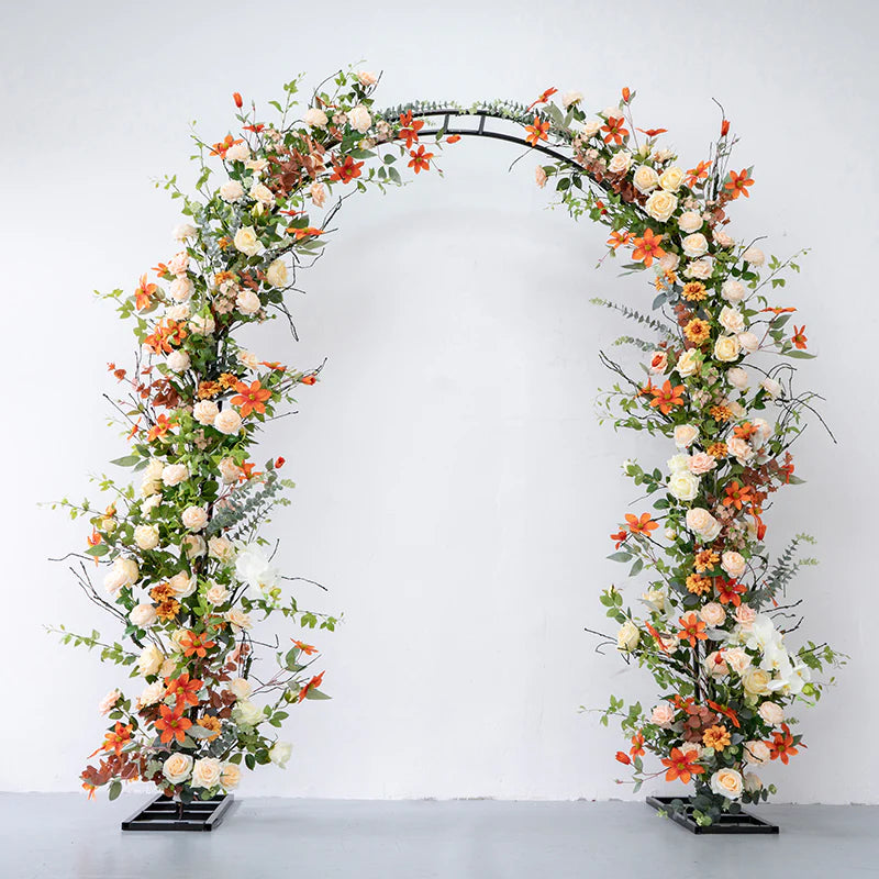 An arch backdrop stand with colorful flowers