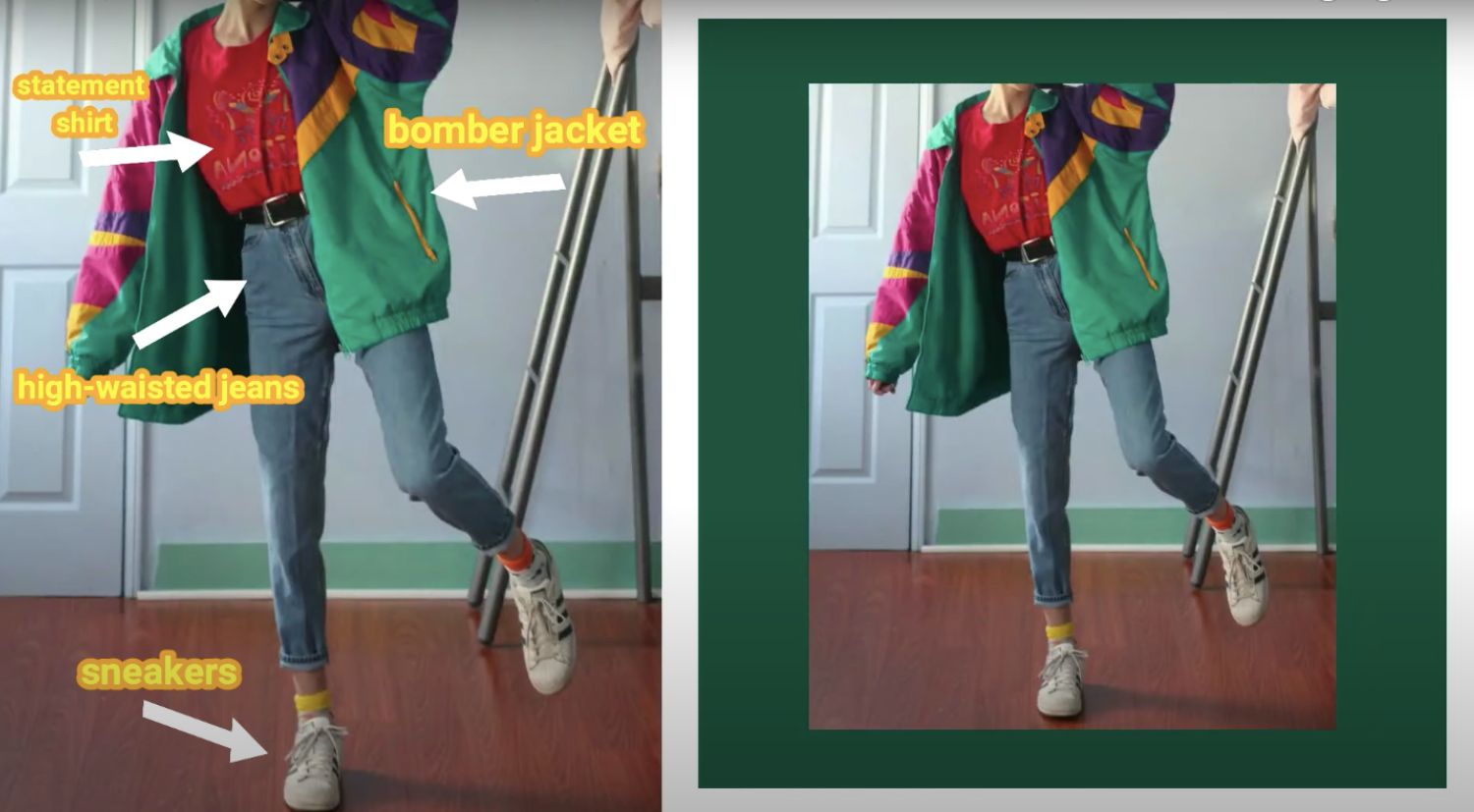 90s outfit of Statement Shirt, Bomber Jacket, High Waist Jeans, Sneakers