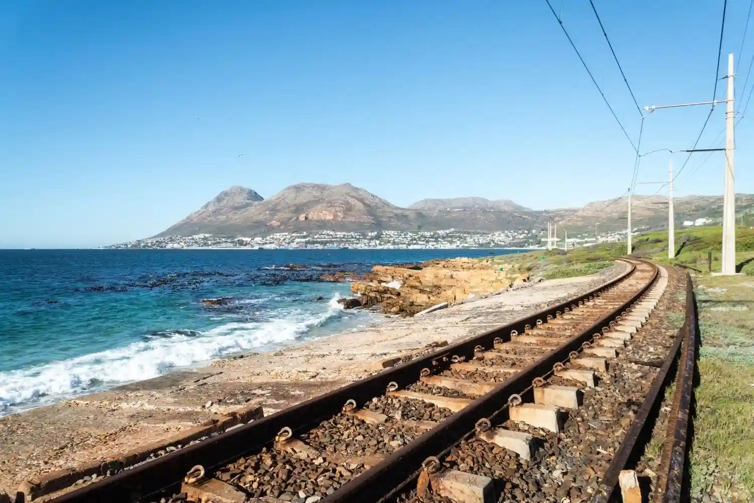 railway line running along the sea with mountains behind