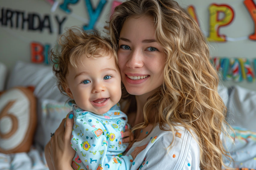 A classic baby pose to be held by the mother