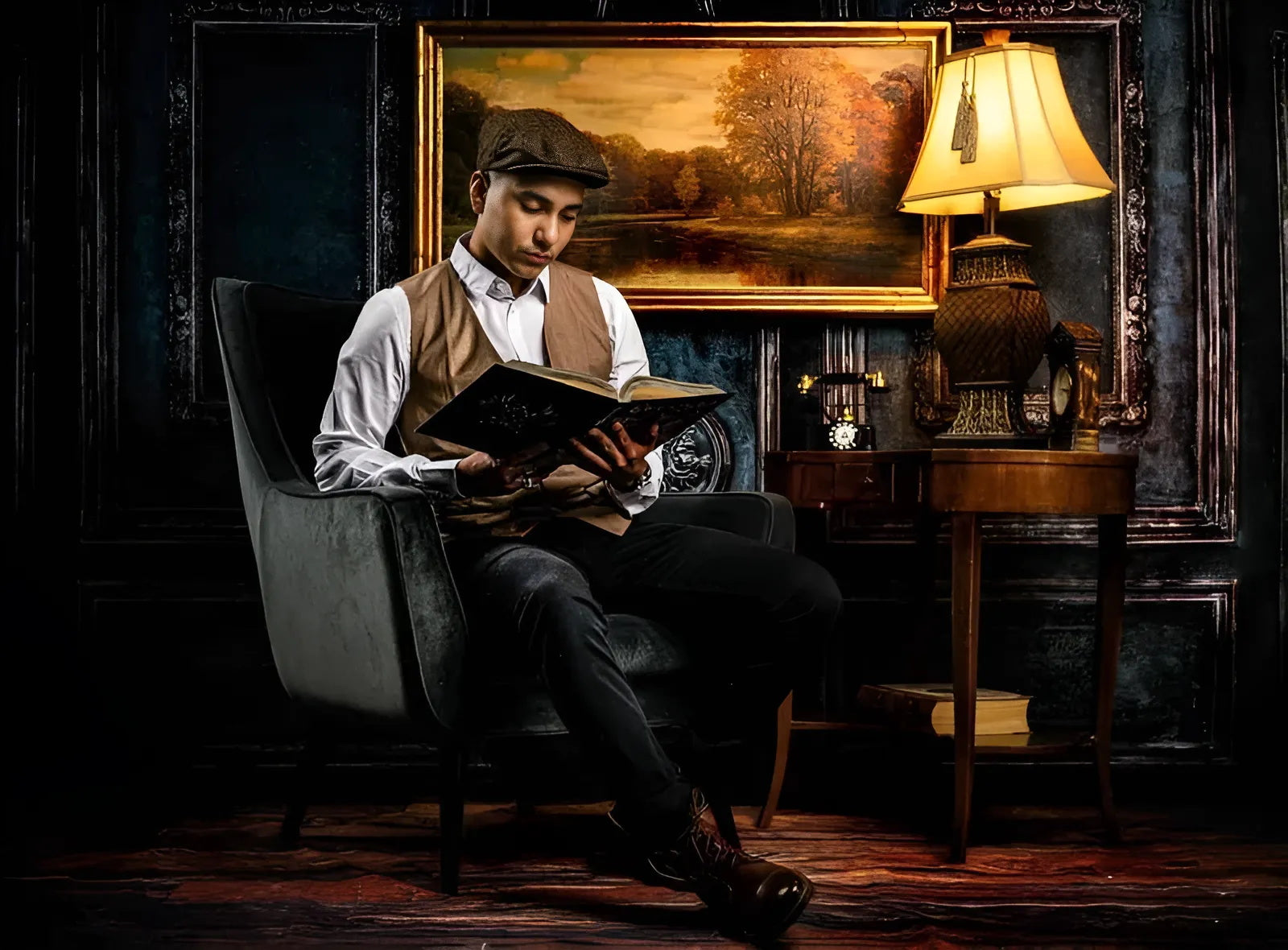 A man wearing a duckbill cap is reading at the desk lamp