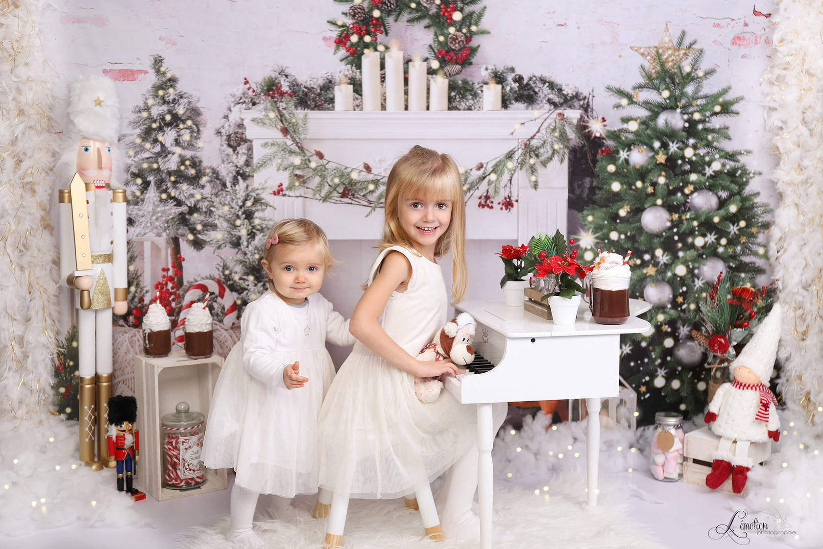 little girls' photo with Kate Christmas Tree Elk Brick Fireplace Backdrop Designed by Emetselch