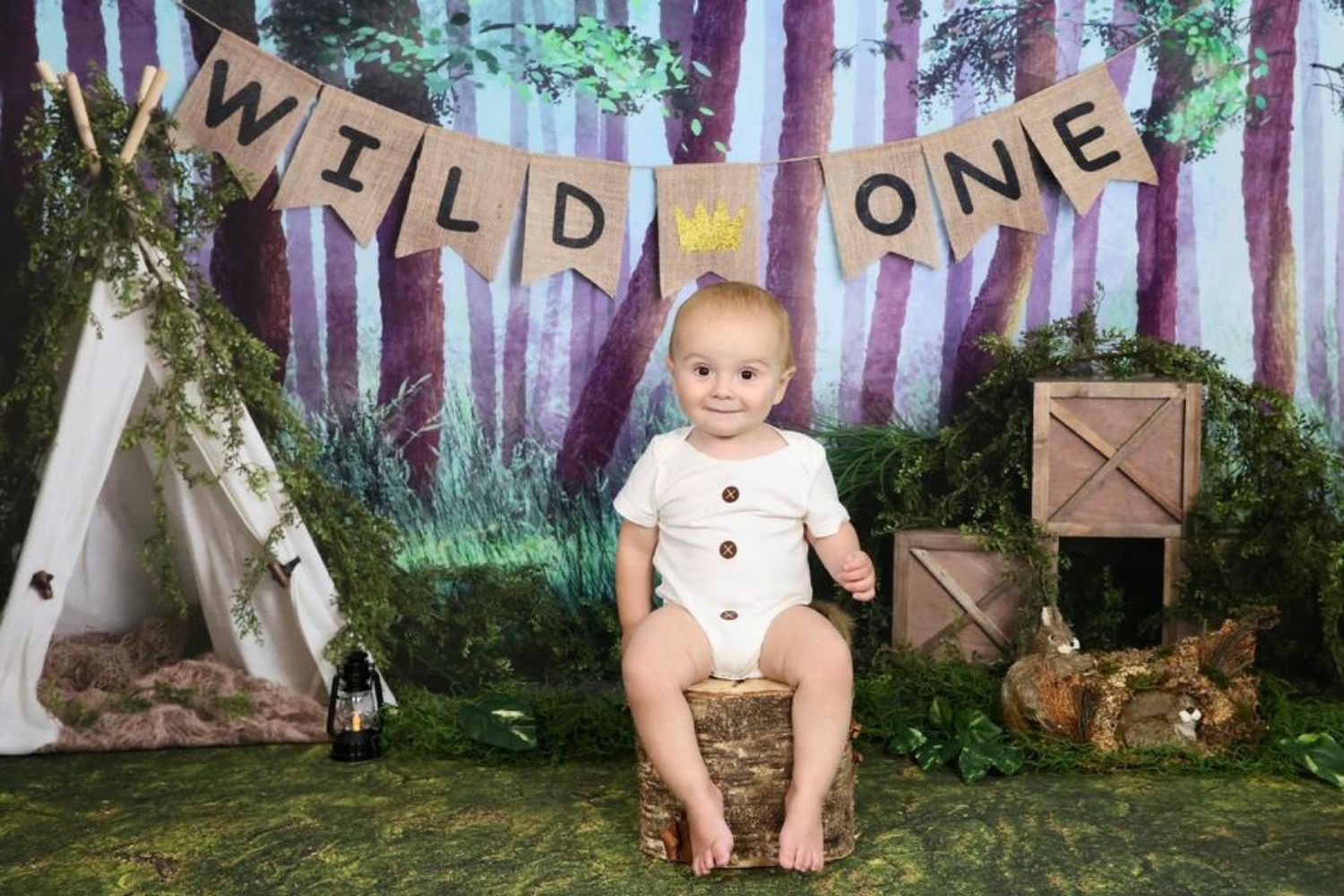 baby boy's forest portrait with Kate Summer Forest Backdrop Wild One Designed by Megan Leigh Photography