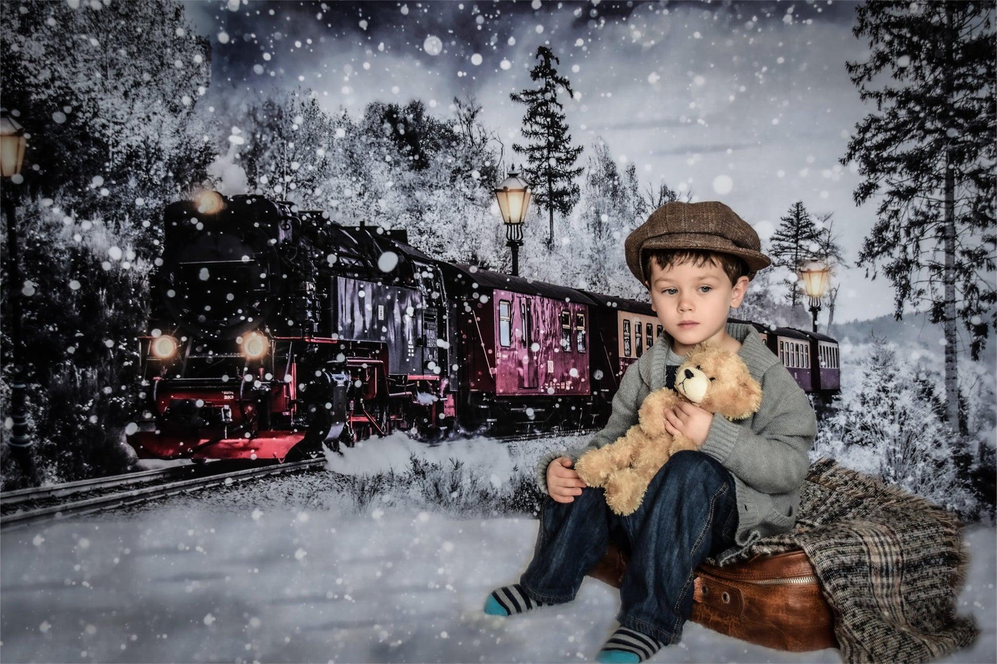 boy's photo with Kate Winter Christmas Train Backdrop Snow Designed by Chain Photography