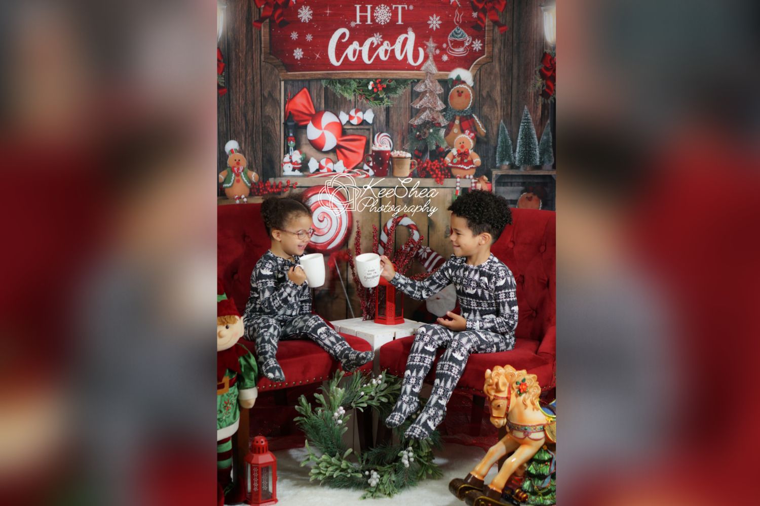 photo of boys wearing pajamas with Kate Hot Cocoa Backdrop Christmas Gingerbread Vintage Wood for Photography