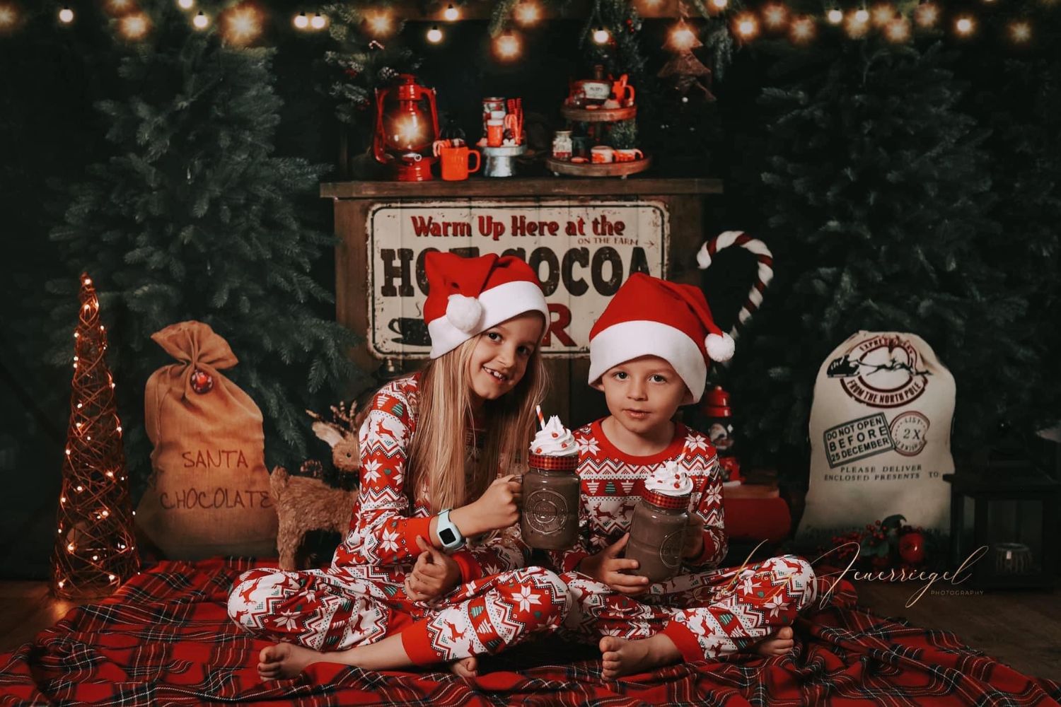 boy and girl taking Christmas photo with Kate Christmas Backdrop Hot Cocoa Night for Photography 