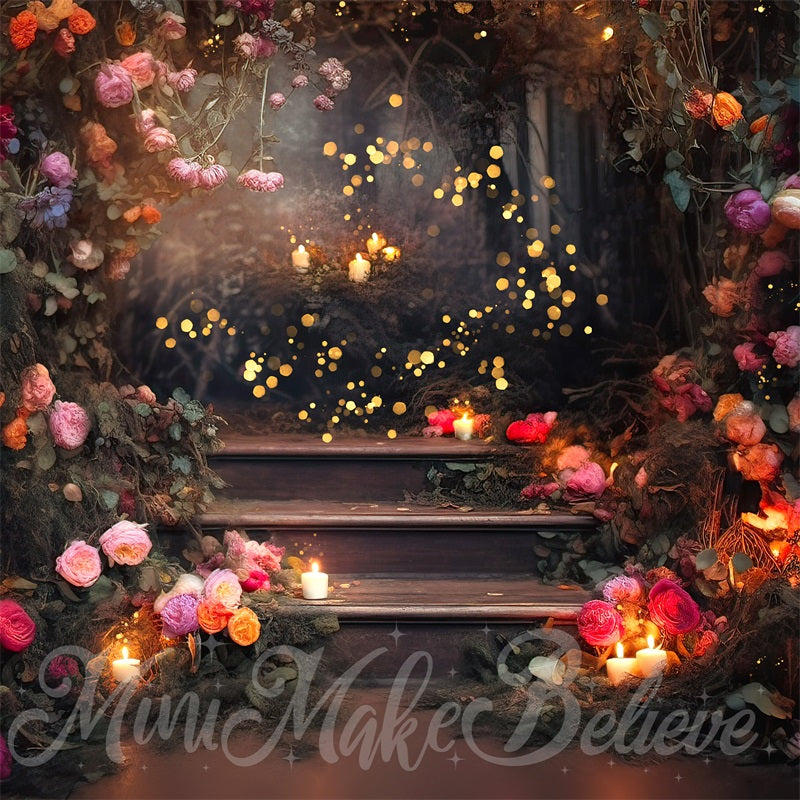 Kate Fine Art Forest Floral Fairy Lights on Stairs Backdrop for