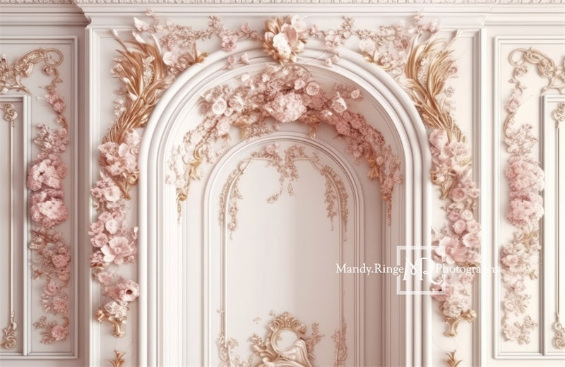 Kate Pink Floral Arch Wall with Fabric Backdrop Designed by Mandy Ring