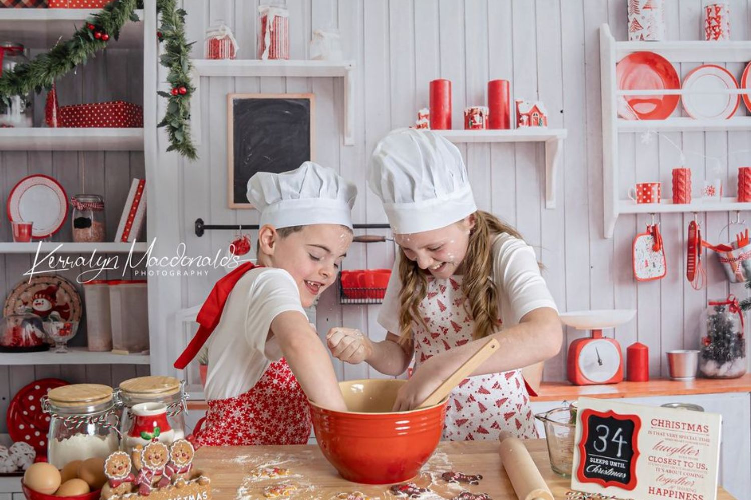 girls making food with Kate Christmas Kitchen Backdrop White Wall for Photography