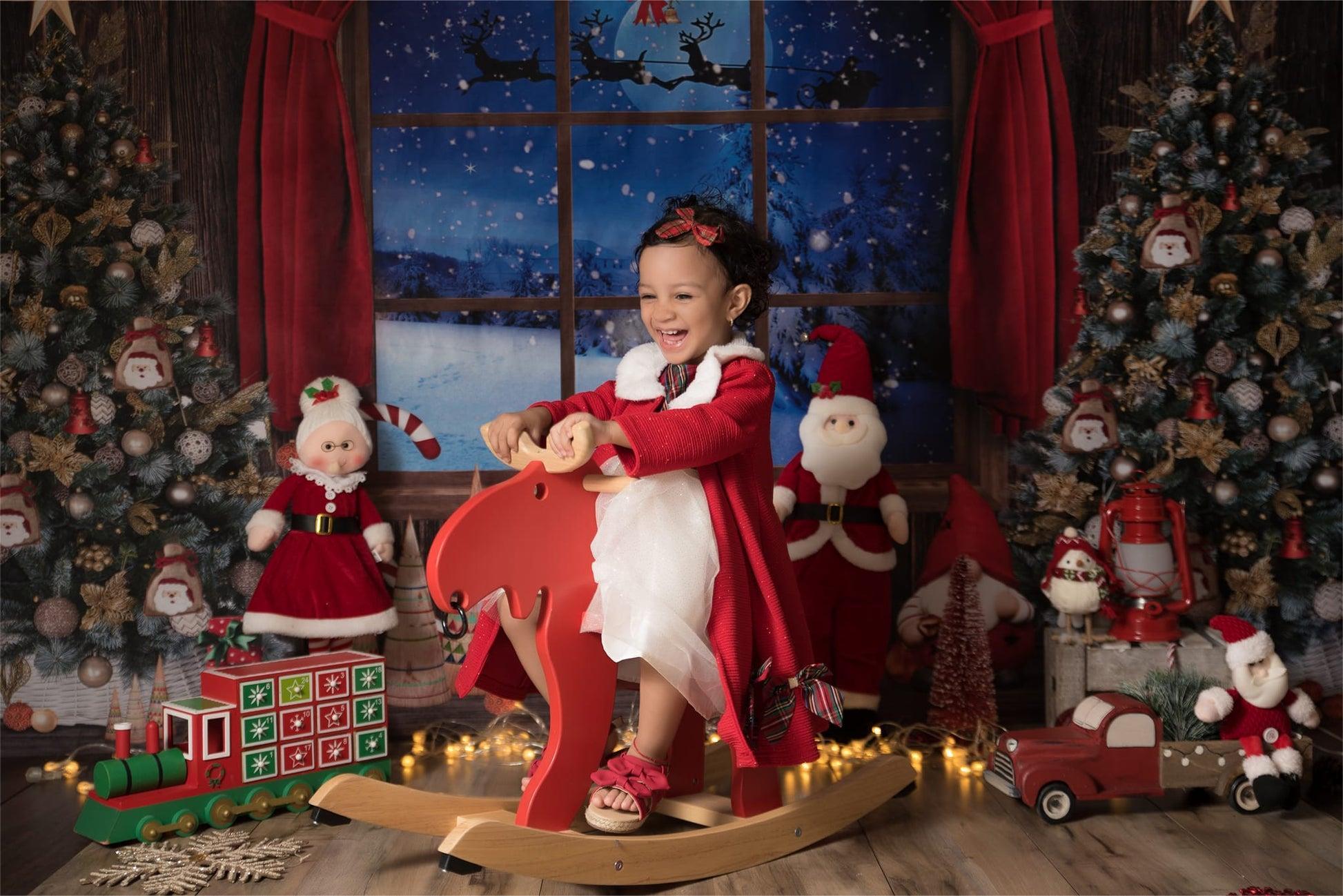 girl's Christmas photo with Kate Christmas Trees Window Backdrop Designed by Chain Photography