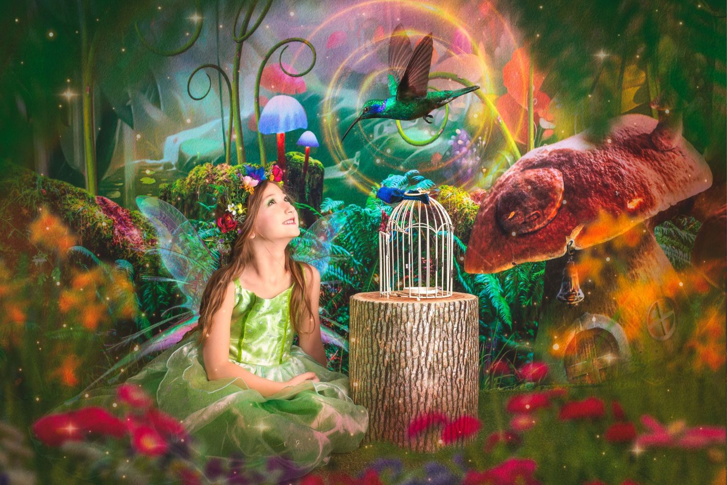 a fairy girl playing with megic animals in front of  Kate Children Fairy Tale Wonderland Forest Mushrooms Backdrop Summer