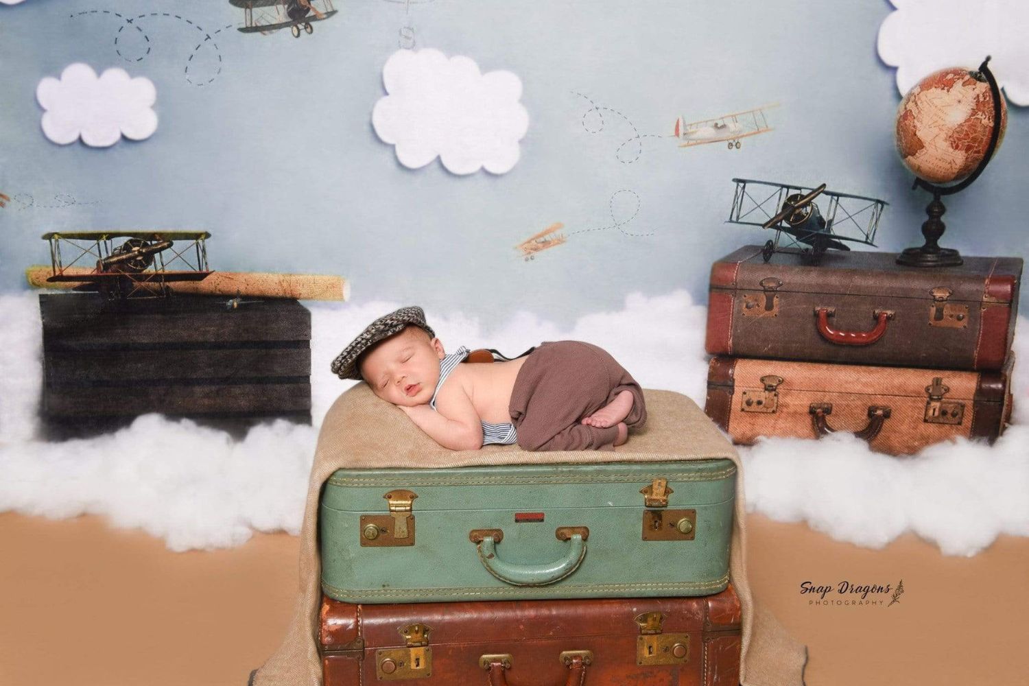 baby photo with Kate Come Fly with Me Cloud Back to School Children Backdrop for Photography Designed by Erin Larkins