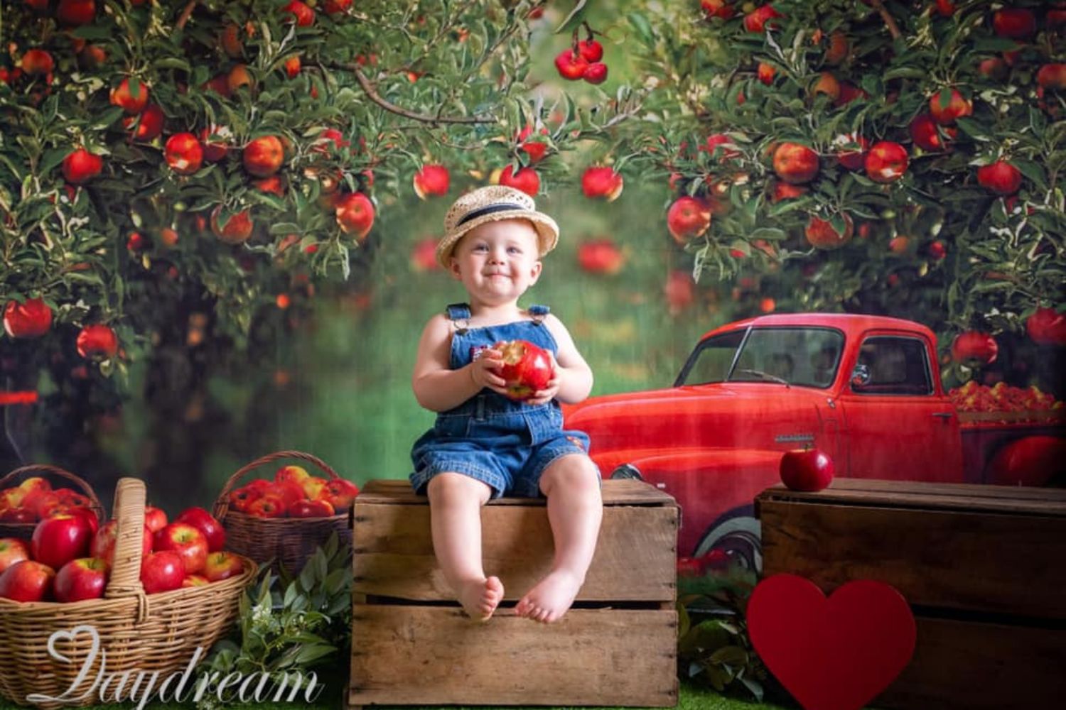 baby photo with Kate Apple Orchard Red Truck Backdrop Designed by Rosabell Photography