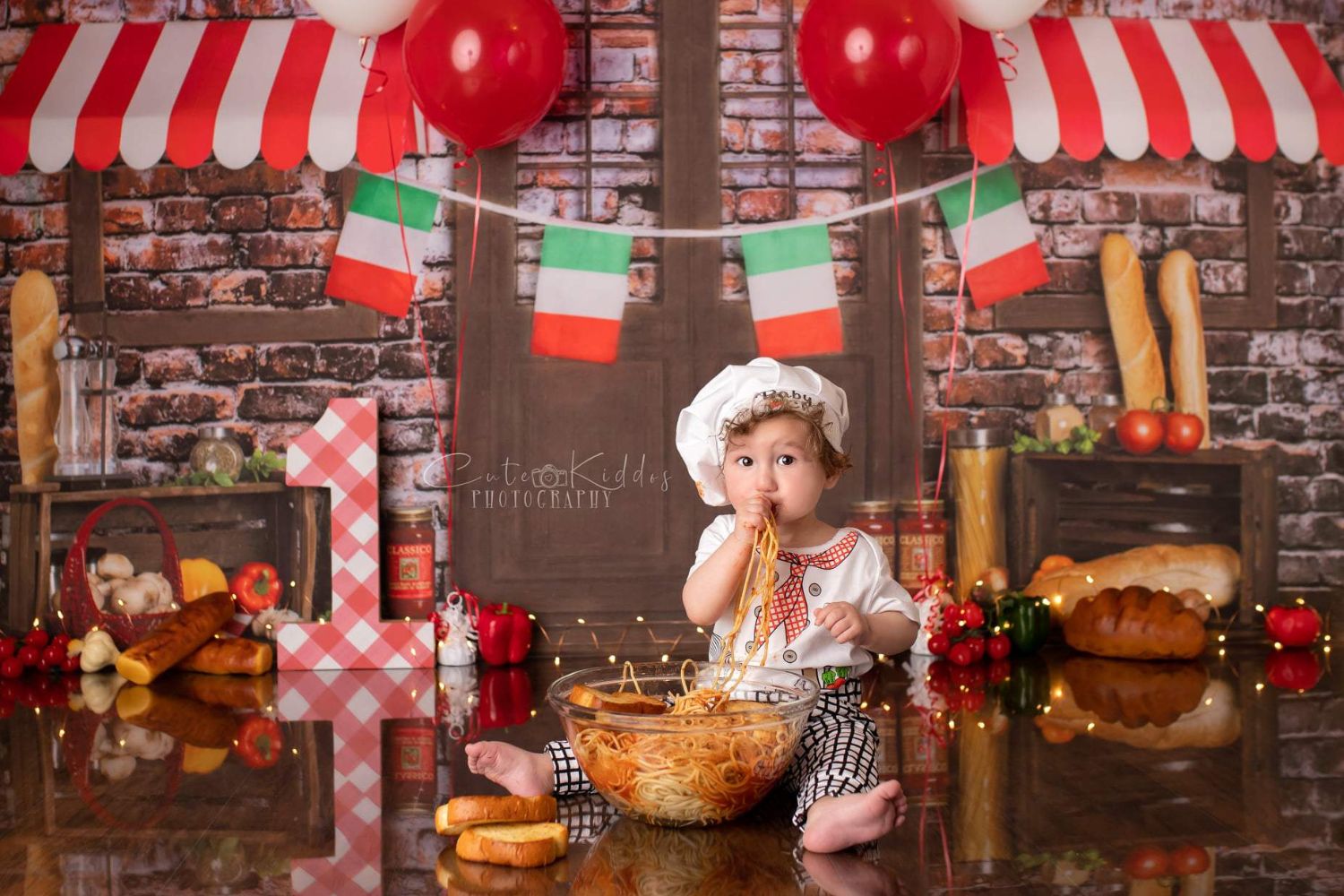 baby eating spaghetti photo with Kate Spaghetti Smash/Cake Smash Brick Kitchen Bread Backdrop Designed By Rose Abbas