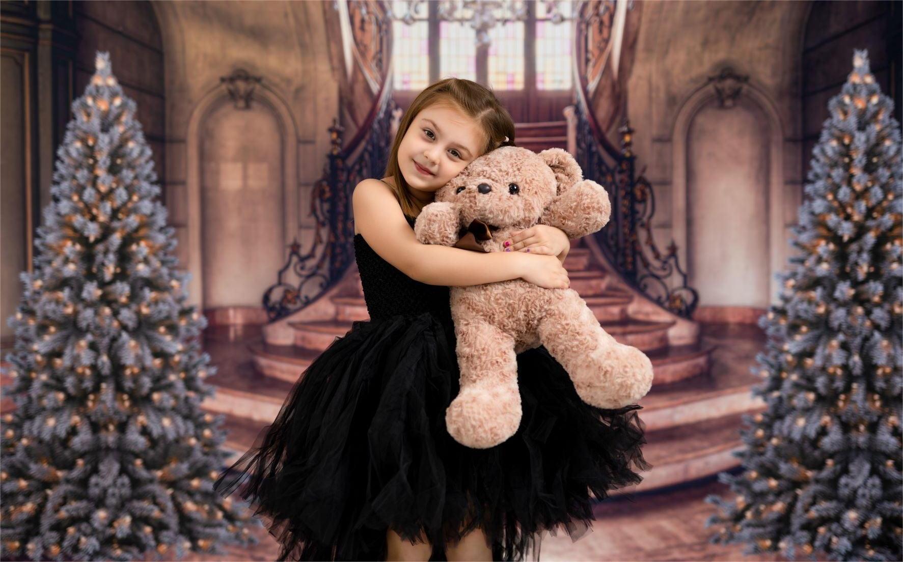 photo of a girl holding a fluffy bear with Kate Christmas Retro Background for Photography Designed by Chain Photography