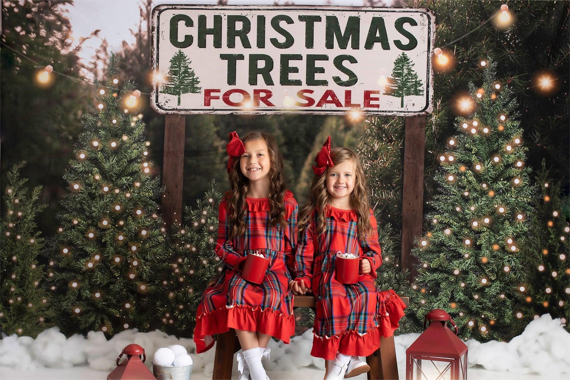girls' Christmas photo with Kate Christmas Tree Backdrop for Photography