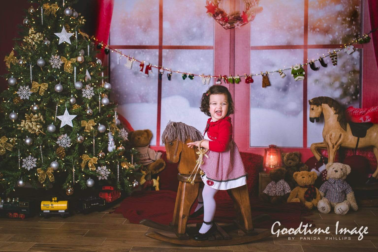 little girl's photo with Kate Christmas Snow And Sunshine Outside Window Backdrops for Photography