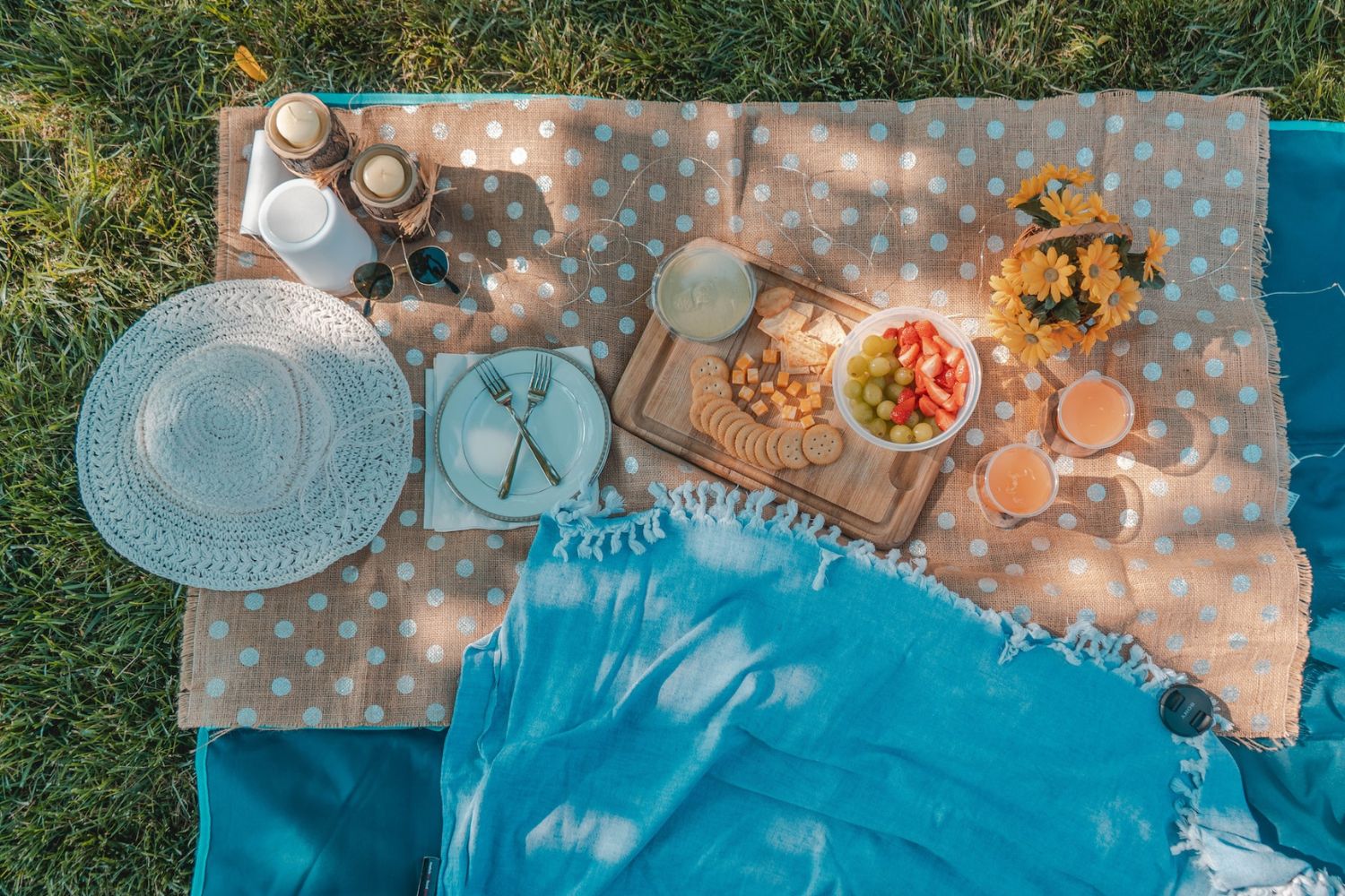 picnic photo with food and wooden serving tray