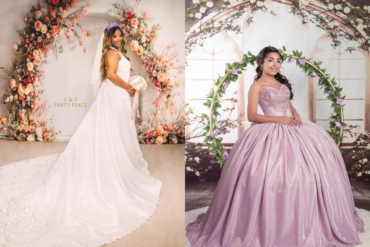 Two images of a woman in a wedding dress, showcasing different angles and styles of her bridal look.