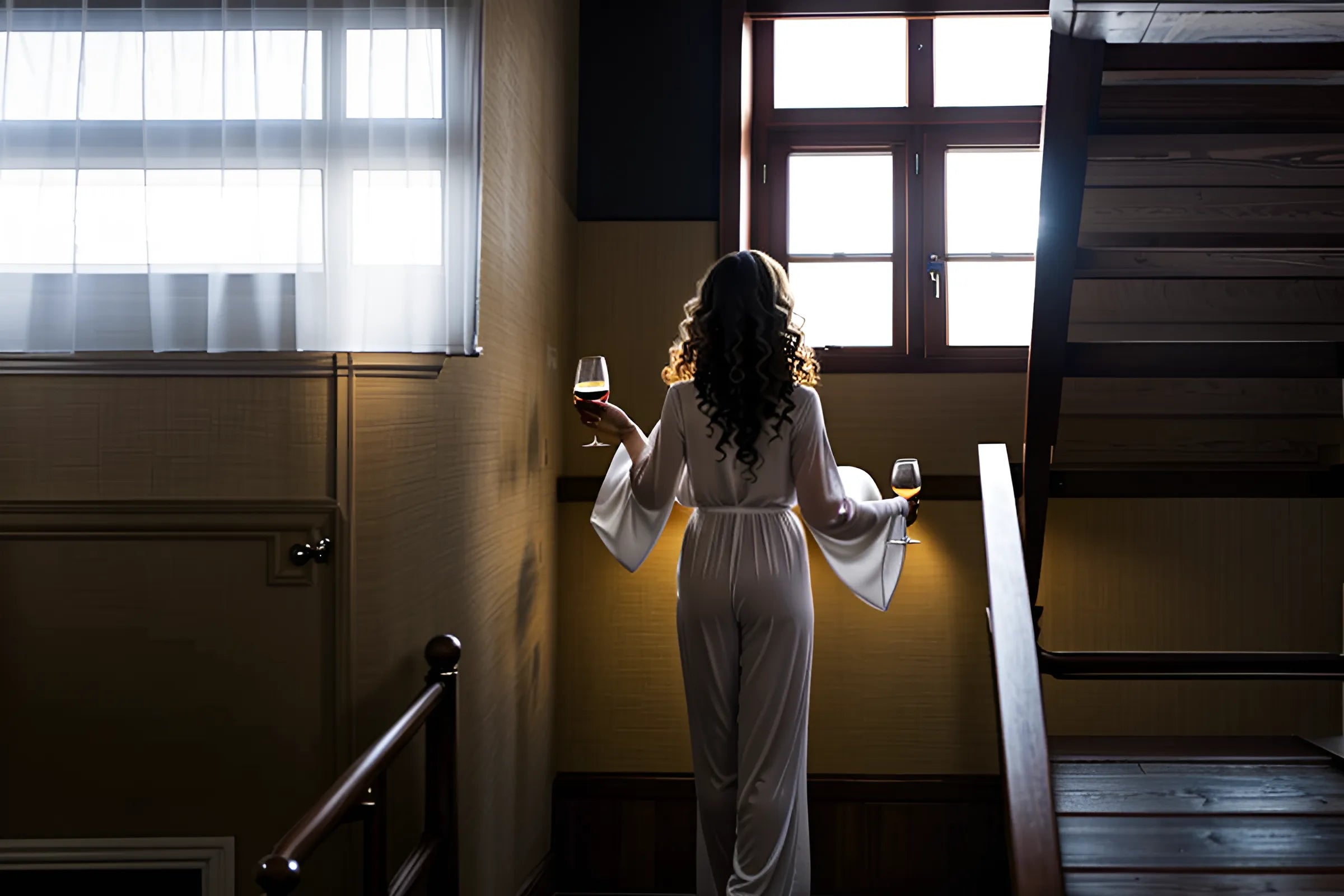 A female model sips on some fancy champagne glass in a robe outfit.