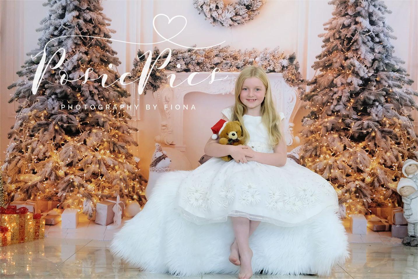 girl's Christmas photo with Kate Christmas White Fireplace Backdrop for Photography