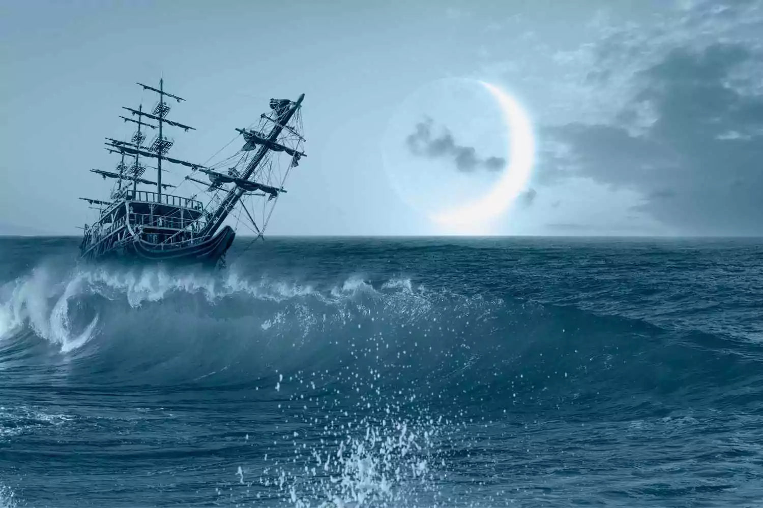 A ship sails on the waves with a moon behind it