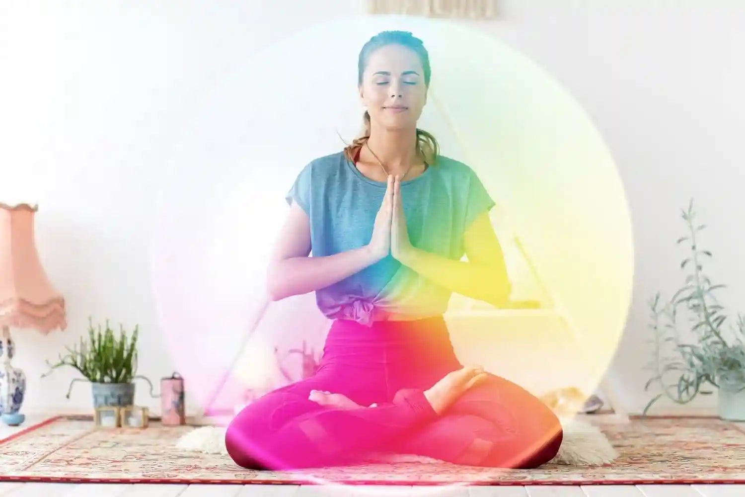 Meditating woman with aura colors in yoga position on a carpet