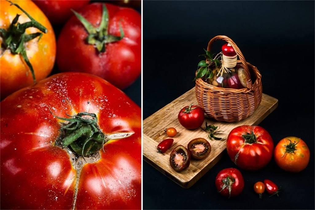 different angles of tomatoes scattering on desk
