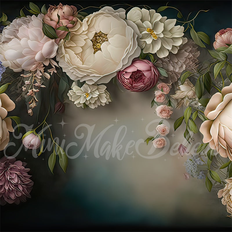 Kate Gold Flowers Blue Fine Art Wall Backdrop Designed by Mini MakeBel