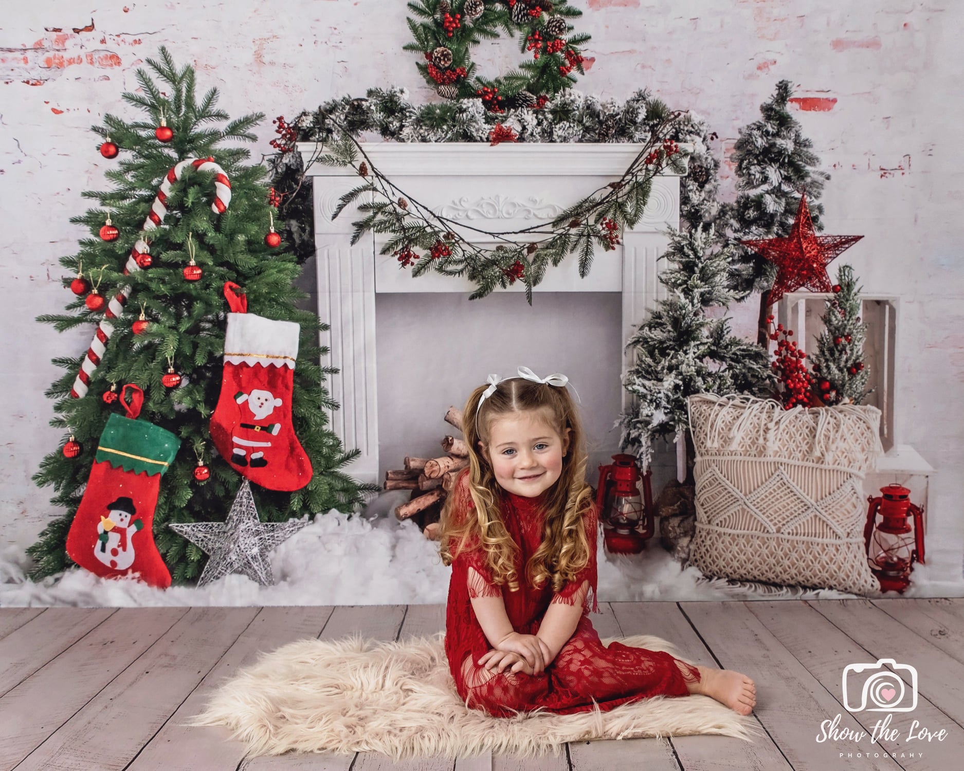 Kate Christmas Tree Brick Fireplace Backdrop for Photography