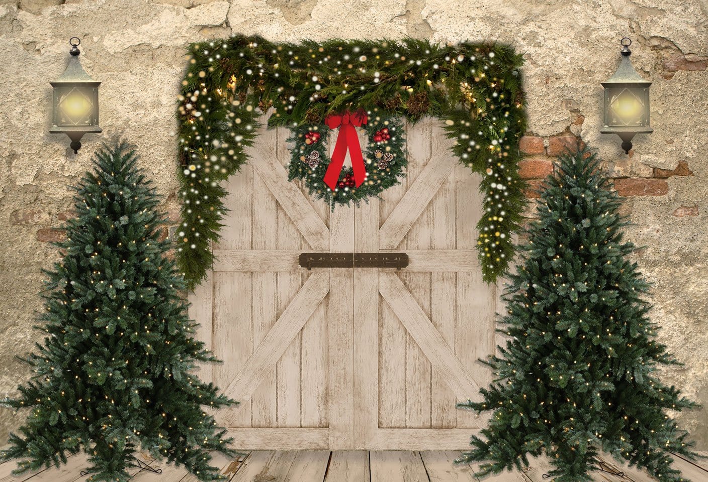 Kate Christmas Backdrop Brick Wall Door & Xmas Trees for Photography