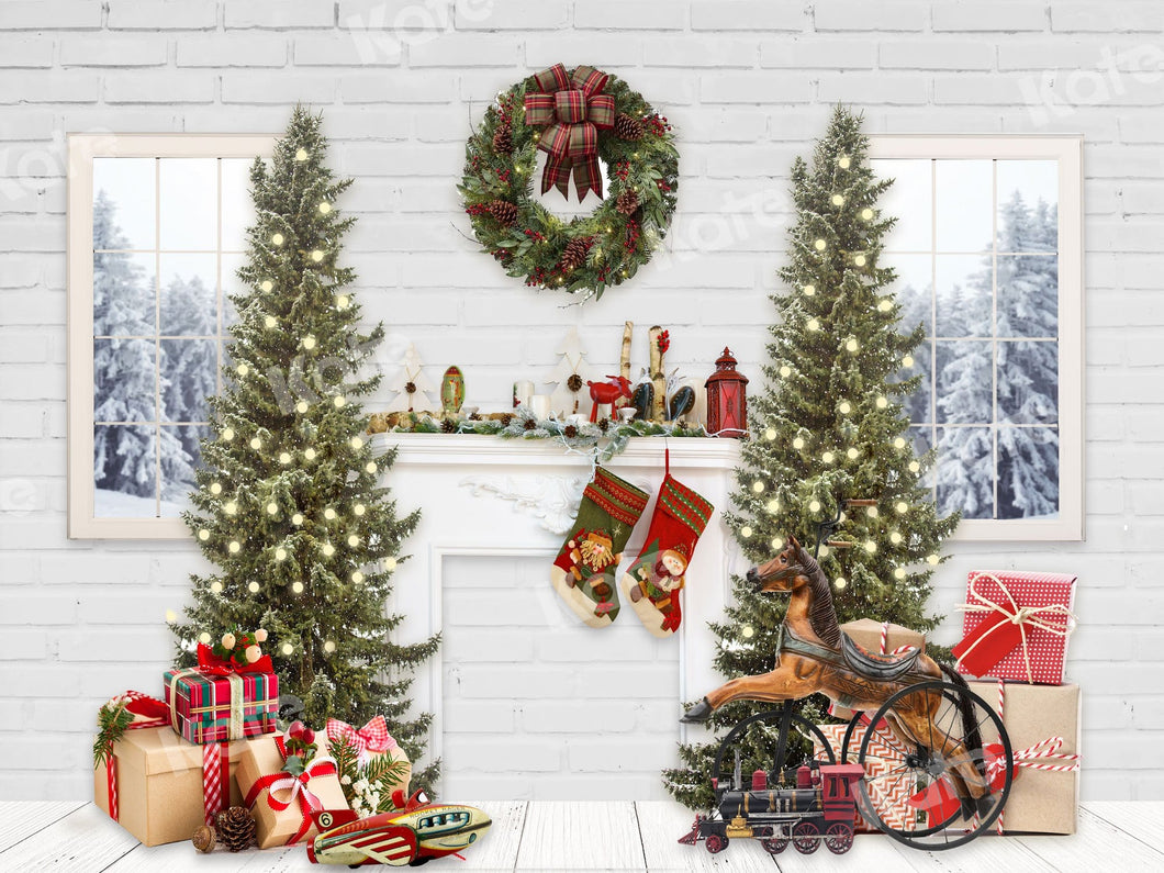 Kate Christmas Backdrop Windows Fireplace & Xmas Trees for